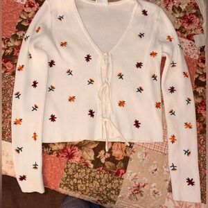White Ribbed Tie-Front Cardigan with Embroidered Flowers